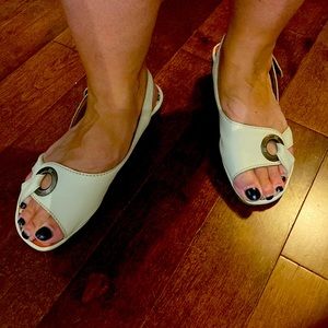 Fly London sandals.. funky, lower wedge heel, cream colour.